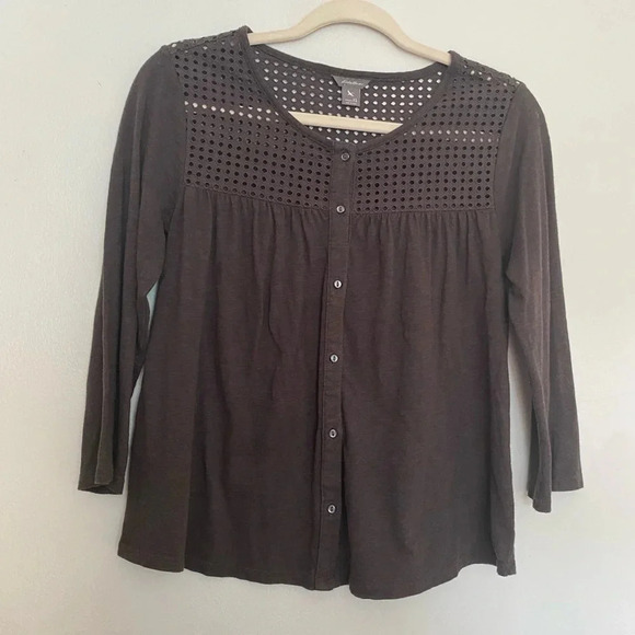 Eddie Bauer Crochet Boxy Blouse Button Up Cottagecore Coquette Modesty Top Boho - Picture 2 of 12